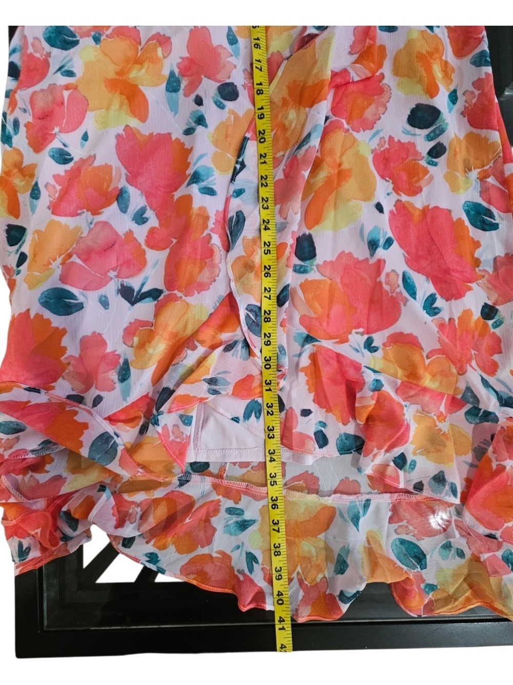 London Times Floral Ruffle Wrap High-Low Dress in Pink and Orange Size 12 Petite - Picture 8 of 8